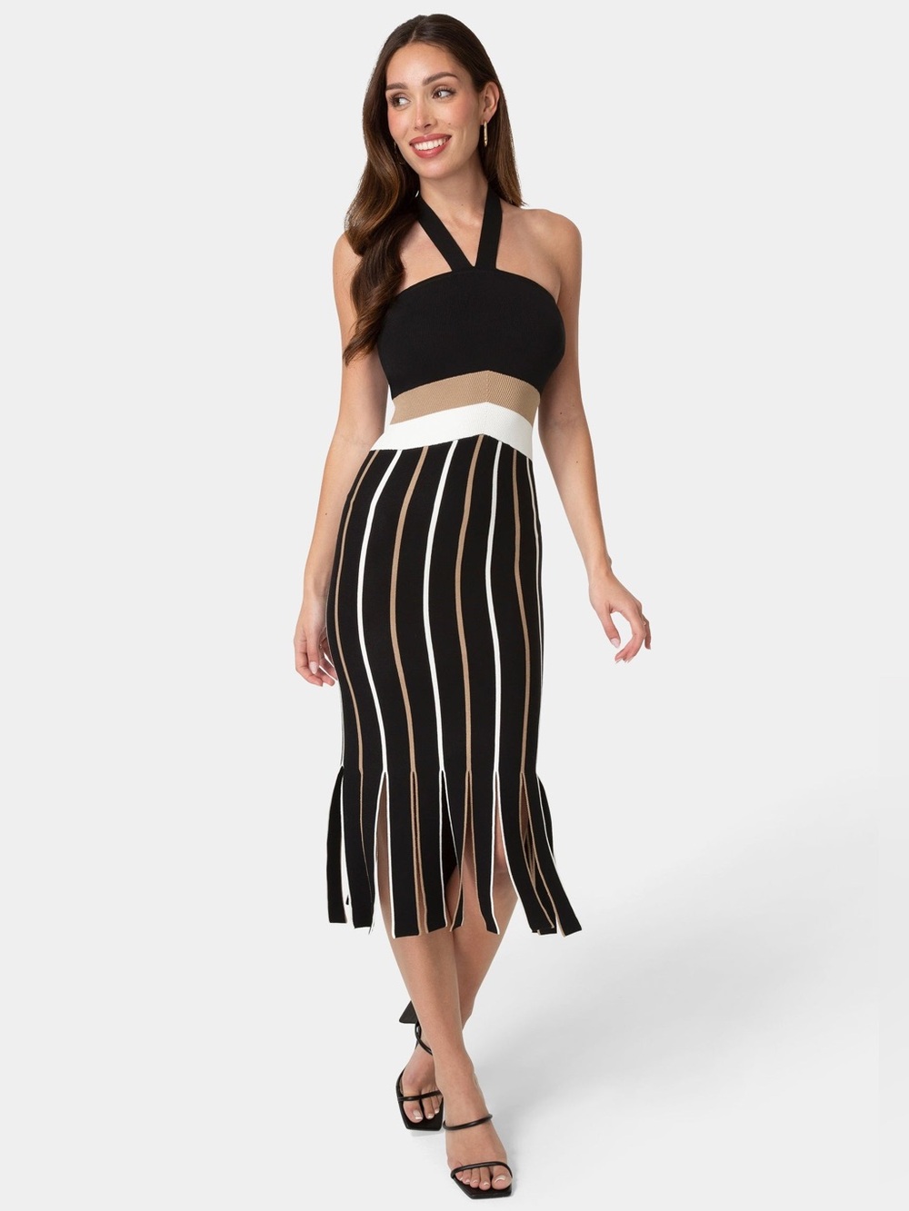 Bebe Carwash Fringe Knit Halter Dress